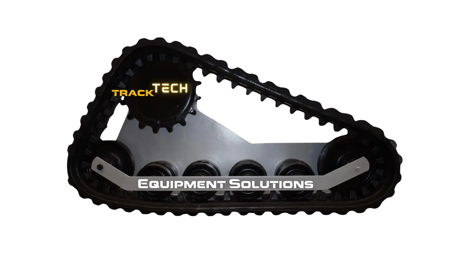 Black rubber track system with a silver frame and several rollers.