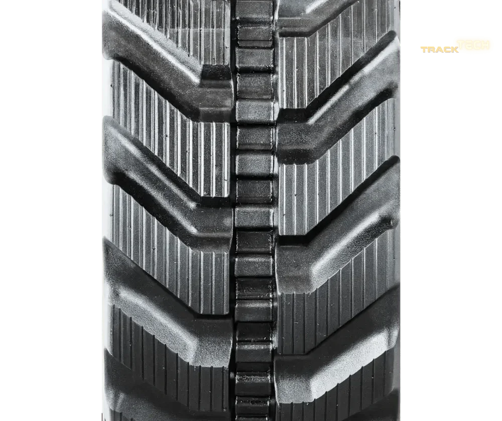 Close-up of Bobcat E35i Rubber Tracks with angular treads and chain-like structure