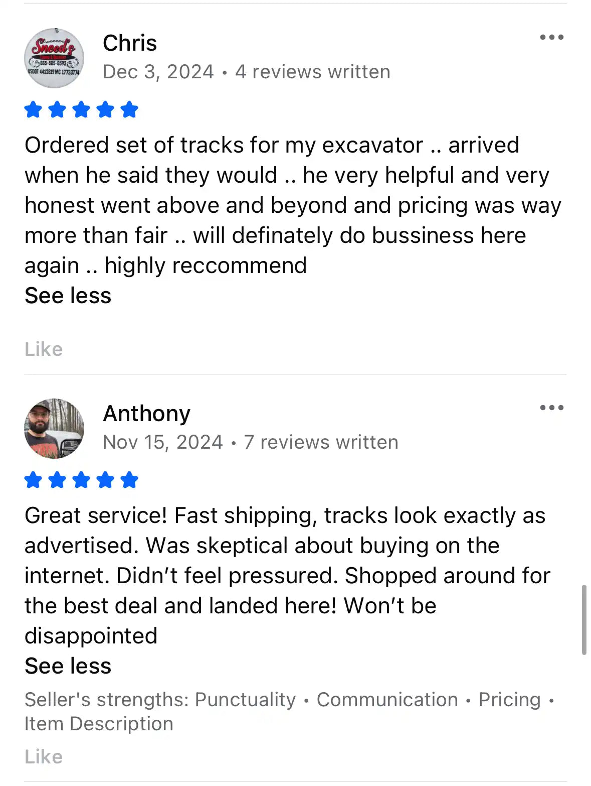 Customer reviews for an online business.