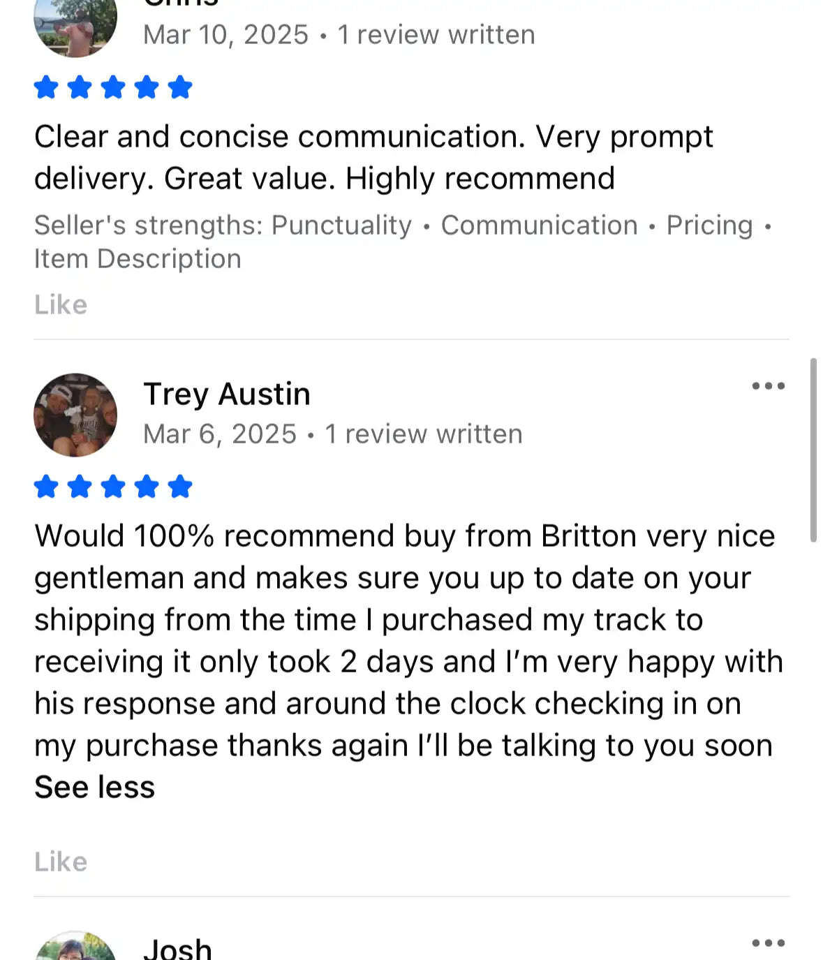 Customer reviews of an online seller.