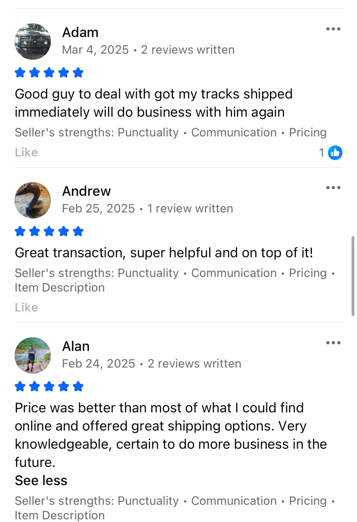Customer reviews for an online seller.