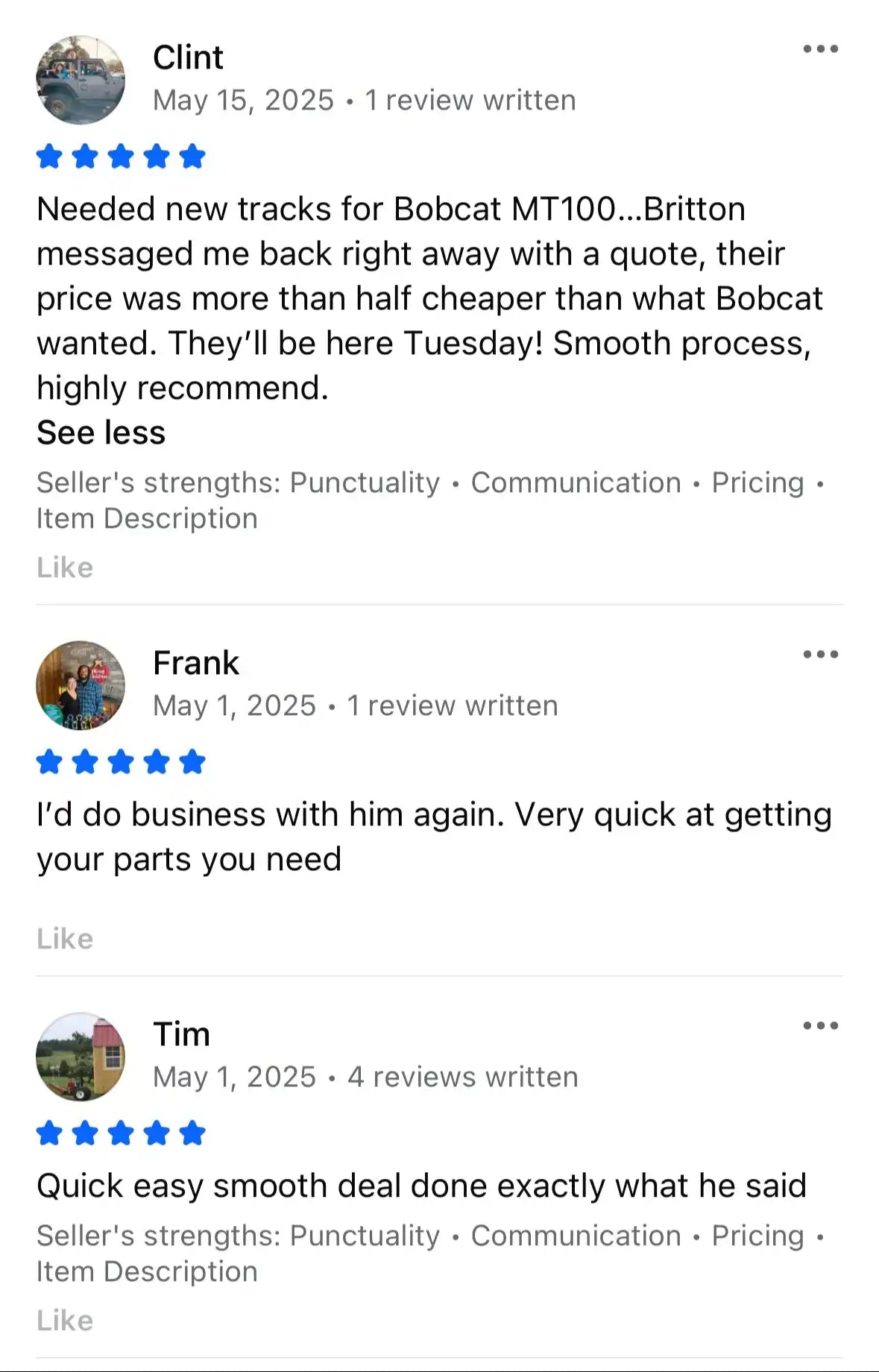 Customer reviews for a seller.