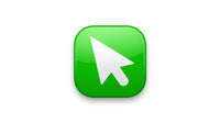 A glossy, rounded square green button with a white cursor icon.