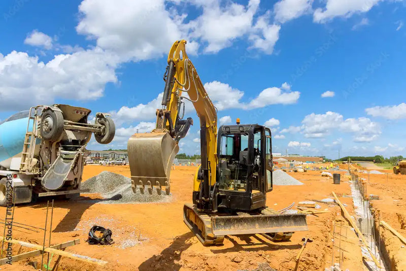 Excavator on a construction site with a blue sky and clouds in the background