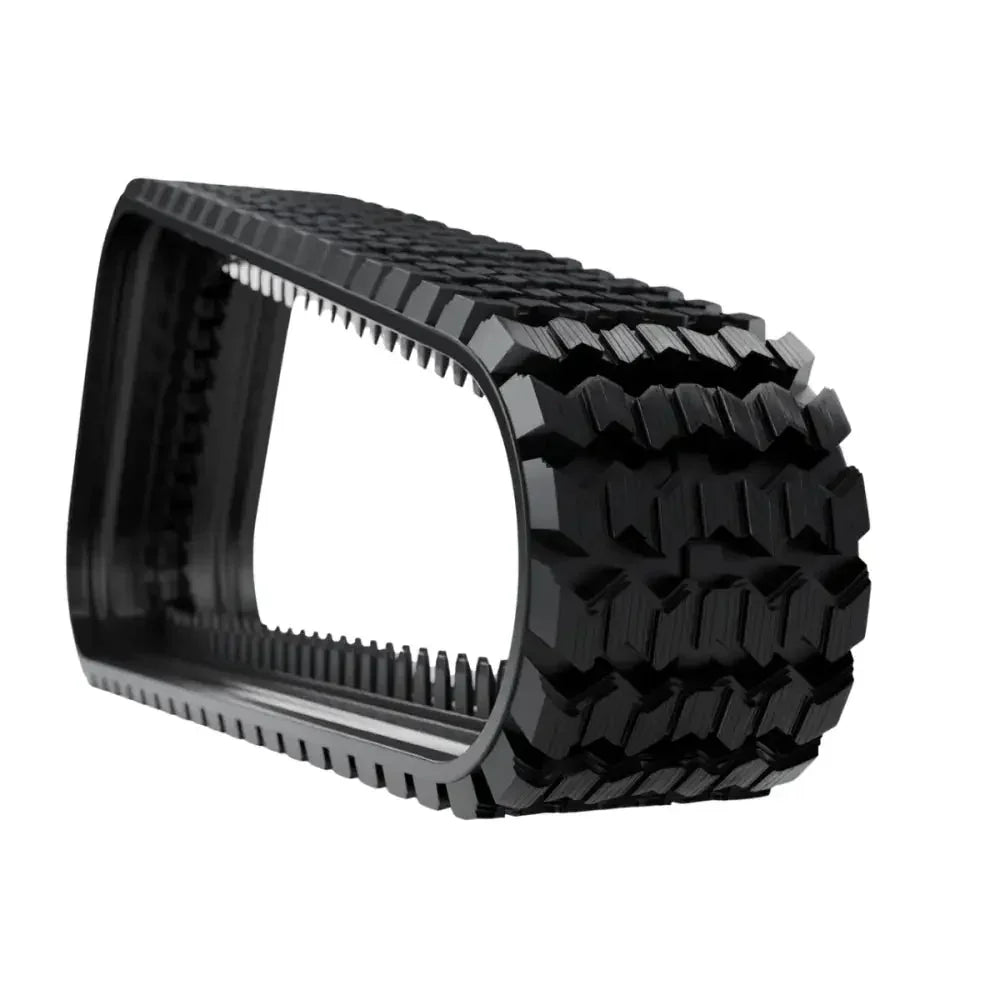 Black rubber track with distinct tread pattern and internal teeth for MANITOU MX65