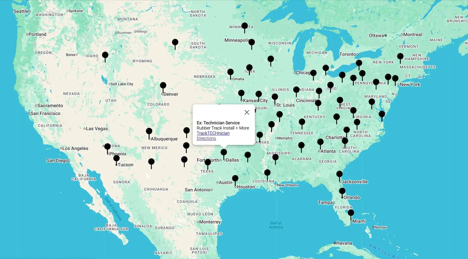 Map of the contiguous United States with service locations.