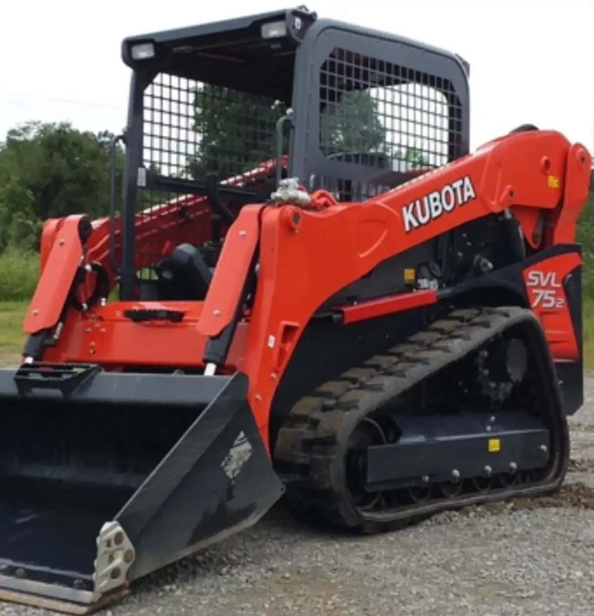 Orange and black compact track loader with a front bucket.